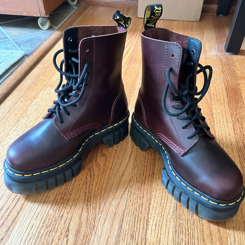 Dr. Martens maroon platform lace up boots